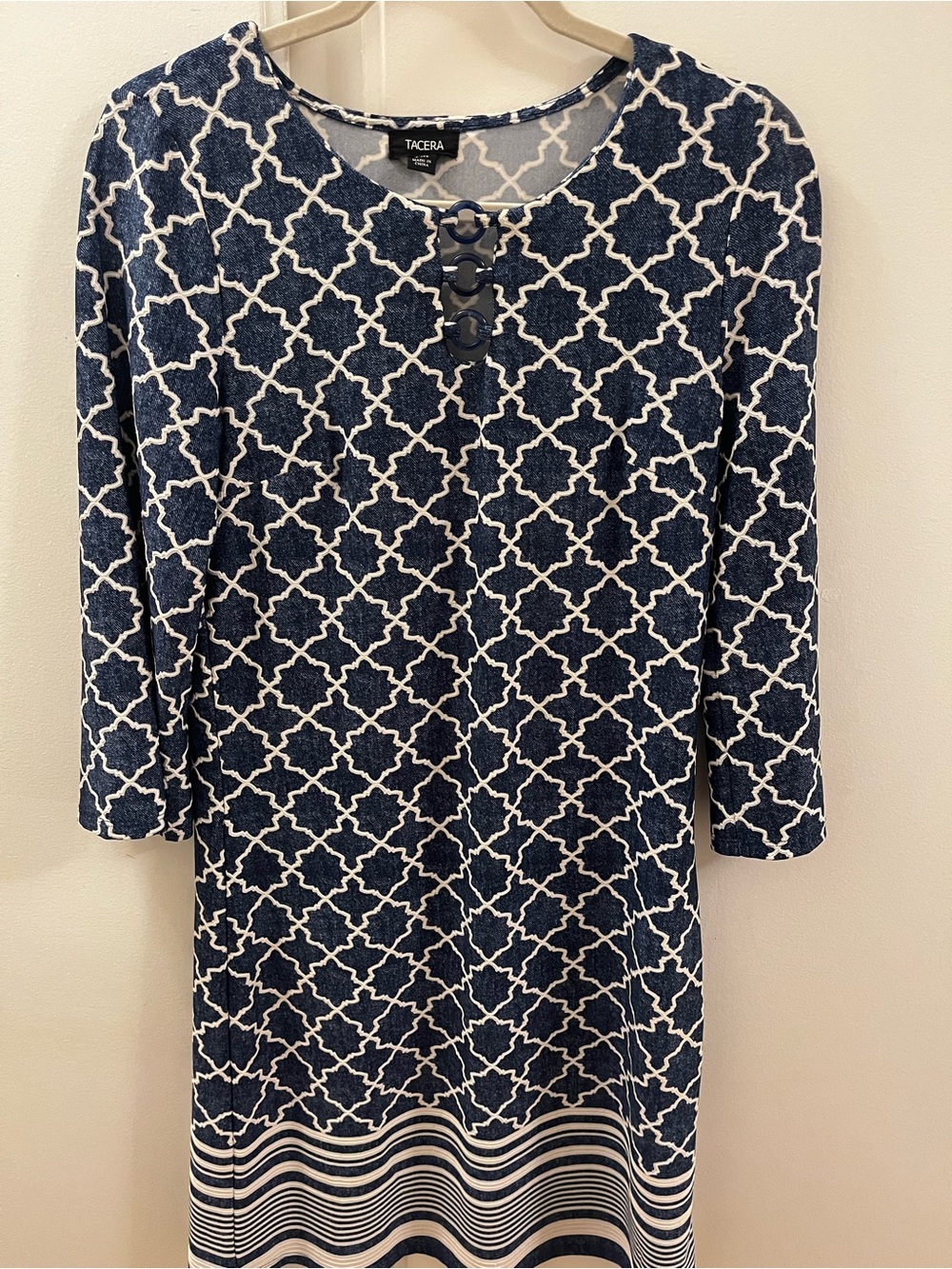 Tacera Navy & White Geometric 3/4 Sleeve Shift Dress - Size Petite Medium